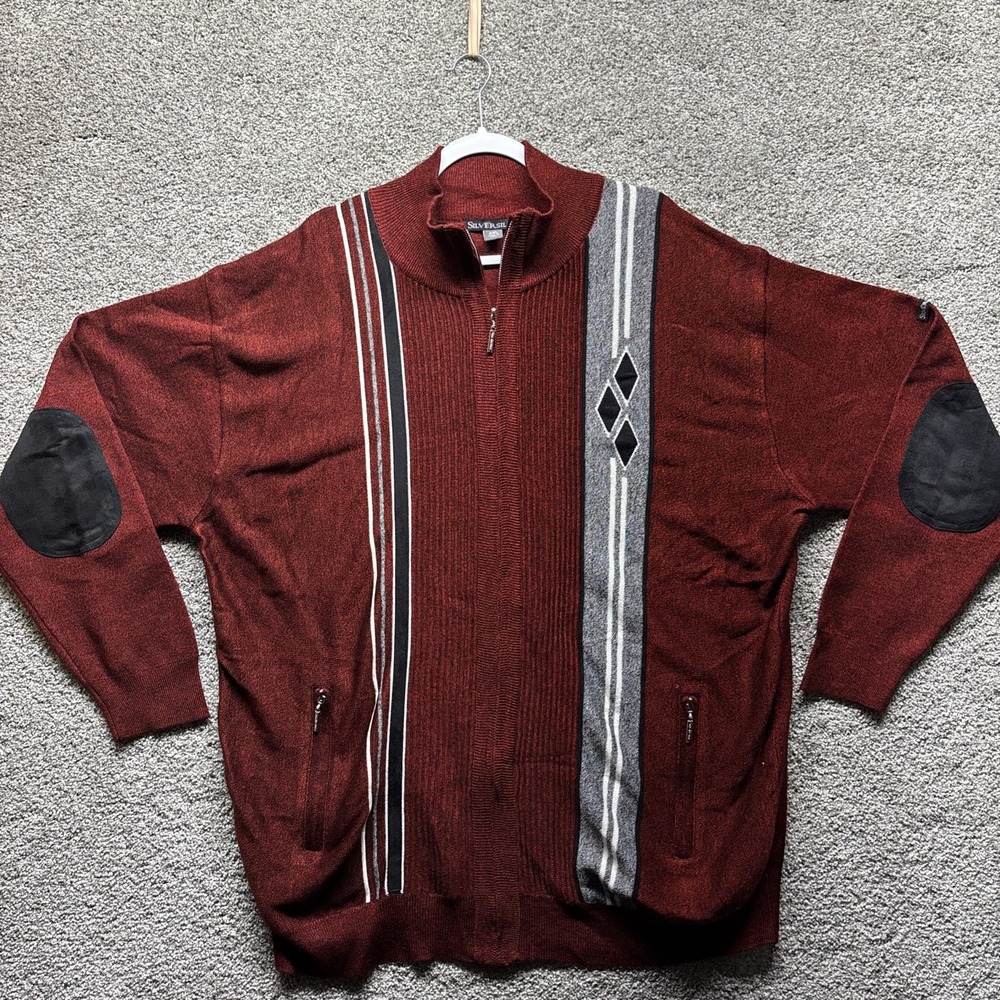 Silversilk Knit‎ Sweater Jacket 4XL Elbow Patches Pockets Full Zip Red Vintage